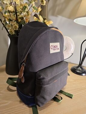 Coach Men's Black Canvas Backpack with Brown Leather Trim